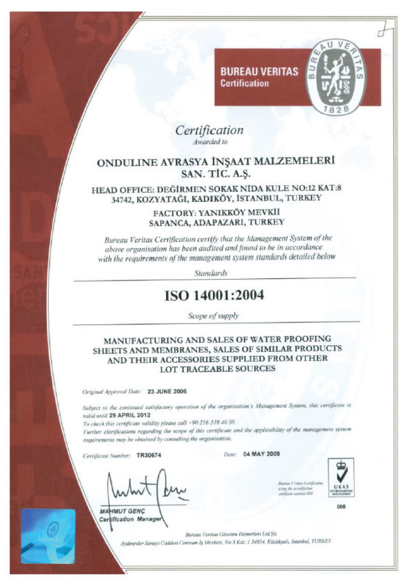 Onduline ISO-14001 Belgesi